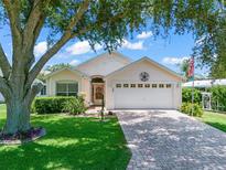 Attractive one-story home with a large tree, well-manicured lawn and a paved driveway at 1405 W Schwartz Blvd, The Villages, FL 32159