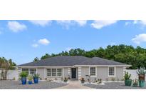 Ranch-style home with gray exterior, landscaping, and a paved walkway at 500 Anderson Dr, Tavares, FL 32778