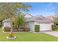 Cute light blue house with a two-car garage and well-manicured lawn at 30505 Island Club Dr, Tavares, FL 32778