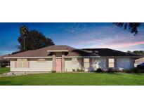 Single-story home with pink accents and green lawn at 21701 Queen Mary Ct, Leesburg, FL 34748
