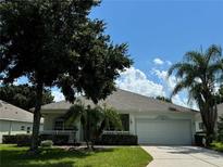 Single-story home with a two-car garage, palm trees, and well-manicured lawn at 2277 Calvert Ct, Clermont, FL 34711
