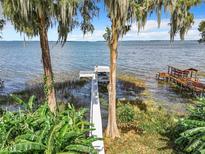 White dock with a boathouse offering scenic lake views at 1559 Lakeshore Dr, Eustis, FL 32726