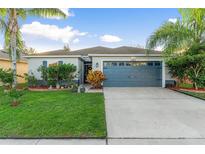 Single-story house with a two-car garage and landscaped front yard at 1725 Strathmore Cir, Mount Dora, FL 32757