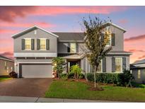 Two-story house with gray siding, brick driveway, and landscaping at 1150 Blarney St, Minneola, FL 34715