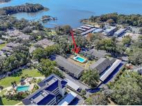 Aerial view showcasing community location near a large body of water and a marina at 110 N Tremain St # 110, Mount Dora, FL 32757