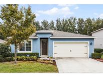 Single-story home with light blue exterior, two-car garage, and well-maintained landscaping at 1724 Point O Woods Ct, Mount Dora, FL 32757