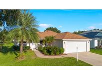 Single-story home with attached garage,palm trees, and landscaped yard at 1313 La Estrellita Way, The Villages, FL 32162