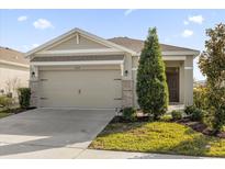 Single-story home with a two-car garage and well-manicured landscaping at 8128 Penrose Pl, Wildwood, FL 34785