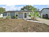 Newly renovated house featuring a gray exterior, solar panels, and landscaping at 1380 Palm Dr, Mount Dora, FL 32757