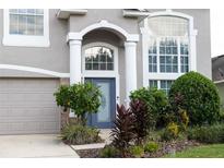 Two-story house with gray exterior, landscaping, and a gray door at 7018 Cascades Ct, Lakeland, FL 33813