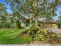House exterior featuring a teal front door, mature landscaping, and a large tree at 3845 Garnet Dr, Mulberry, FL 33860