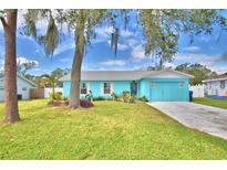 Cute light blue house with a well-manicured lawn and driveway at 3915 Pipkin Creek Rd, Lakeland, FL 33811