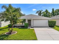 One-story home with a white garage door and landscaped lawn at 5321 Cordgrass Bend Ln, Port Orange, FL 32128