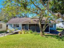 Charming light blue house with a spacious green lawn and mature trees at 622 Yupon Ave, New Smyrna Beach, FL 32169