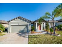 One-story house with a green exterior, attached garage, and landscaping at 2913 Nova Scotia Way, New Smyrna Beach, FL 32168