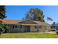 Tan one-story house with brown roof, green lawn, and American flag at 40 Sandra Cir, New Smyrna Beach, FL 32168