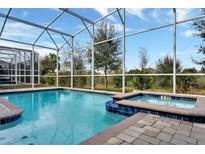 Relaxing screened pool and spa with brick pavers at 8831 Interlocking Ct, Davenport, FL 33896