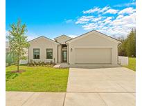Tan house with two-car garage, landscaping, and driveway at 6368 Chorus Dr, Mascotte, FL 34753
