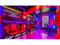 Themed bedroom with bunk beds and vibrant lighting at 3020 Mahalo Dr, Davenport, FL 33897