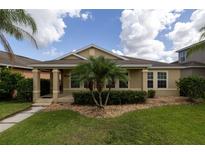 Tan one-story house with palm trees and well-manicured lawn at 3323 Marsili Ave, New Smyrna Beach, FL 32168