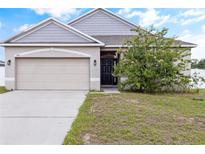 One-story home with gray siding, dark garage door, and landscaping at 1100 James Way, Kissimmee, FL 34759