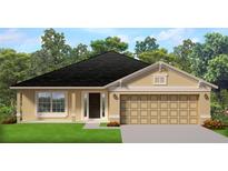 One-story home with beige exterior, dark brown door, and two-car garage at 4410 Sagefield Dr, St Cloud, FL 34773