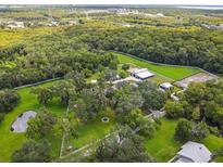 Aerial view showcasing a sprawling estate with a pond and extensive green space at 4600 Nebraska Ave, Sanford, FL 32771