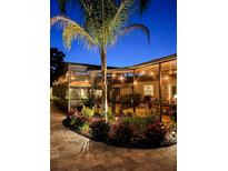 Landscaped backyard with a pool and patio at night at 318 Stone Castle Loop, Lady Lake, FL 32159