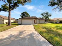 One-story house with a two-car garage and a spacious yard at 110 Lindenwood Ln, Kissimmee, FL 34743