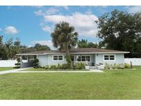 A charming ranch-style home with a light blue exterior, well-manicured lawn, and palm trees at 54 S Shell Rd, Debary, FL 32713