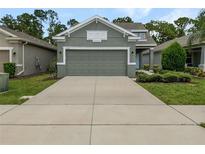Front view of a two-car garage house with landscaping at 3402 Sagebrush St, Harmony, FL 34773