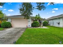 House exterior with a pink garage door and manicured lawn at 2907 Sunset Lakes Blvd, Kissimmee, FL 34747