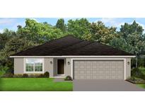 One-story home with gray siding, two-car garage, and landscaping at 4350 Sagefield Dr, St Cloud, FL 34773