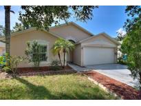 Single-story house with a two-car garage and well-maintained lawn at 117 Verbena St, Davenport, FL 33837