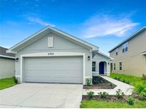 Attractive single-story house with a two-car garage and landscaped walkway at 4197 Sagefield Dr, Harmony, FL 34773