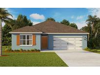 One-story home with light blue exterior, orange shutters, and a two-car garage at 825 Ambleside Dr, Haines City, FL 33844