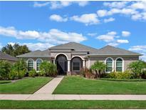 One-story home with stucco exterior and palm trees at 8747 Bridgeport Bay Cir, Mount Dora, FL 32757