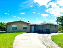Ranch-style home with a paved driveway and mature lawn at 1051 E Patrick Cir, Daytona Beach, FL 32117