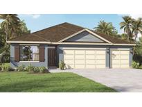 One-story home with brown roof, blue siding, and three-car garage at 2502 Sage Valley Way, Winter Haven, FL 33884