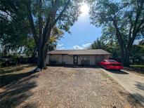 Ranch style home with a red car parked in the driveway, surrounded by large trees at 1301 Redwood Ct, Tavares, FL 32778