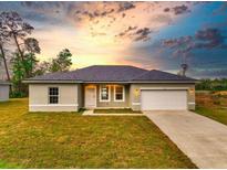 Single-story home with a two-car garage and grassy yard at 1910 Lakeview Ln, Poinciana, FL 34759