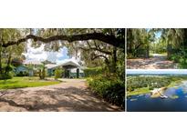 Blue house with covered entry, long driveway, and lush landscaping at 17017 Marsh Rd, Winter Garden, FL 34787