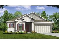 One-story home with a two-car garage, neutral exterior and red accents at 6635 Tempo Way, Mascotte, FL 34753