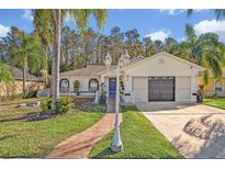 House exterior featuring a landscaped yard, walkway, and two-car garage at 2460 Oak Mill Dr, Kissimmee, FL 34744