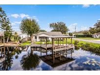 Waterfront home with a dock and a large backyard at 26603 W Cove Dr, Tavares, FL 32778