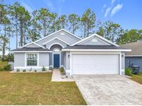Gray house with white garage door and blue front door, landscaping, and driveway at 308 Halstead Dr, Davenport, FL 33897