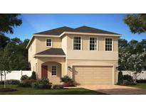 Two-story house with tan walls, a two-car garage, and a red front door, surrounded by landscaping at 1162 Happy Forest Loop, Deland, FL 32720