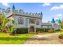 Fairytale castle exterior featuring a unique design, lush landscaping, and a paved driveway at 14502 Scotch Pine Ct, Orlando, FL 32832