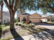 Two-story house with a tan exterior, landscaped yard, and a two-car garage at 8320 Via Bella Notte, Orlando, FL 32836
