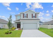 Two-story house with gray siding, a two-car garage, and landscaping at 3037 Tackle Dr, Leesburg, FL 34748